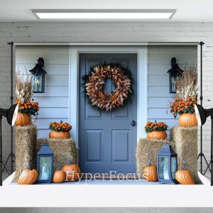 White Blue Porch Haystack Pumpkin Autumn Backdrop - Aperturee