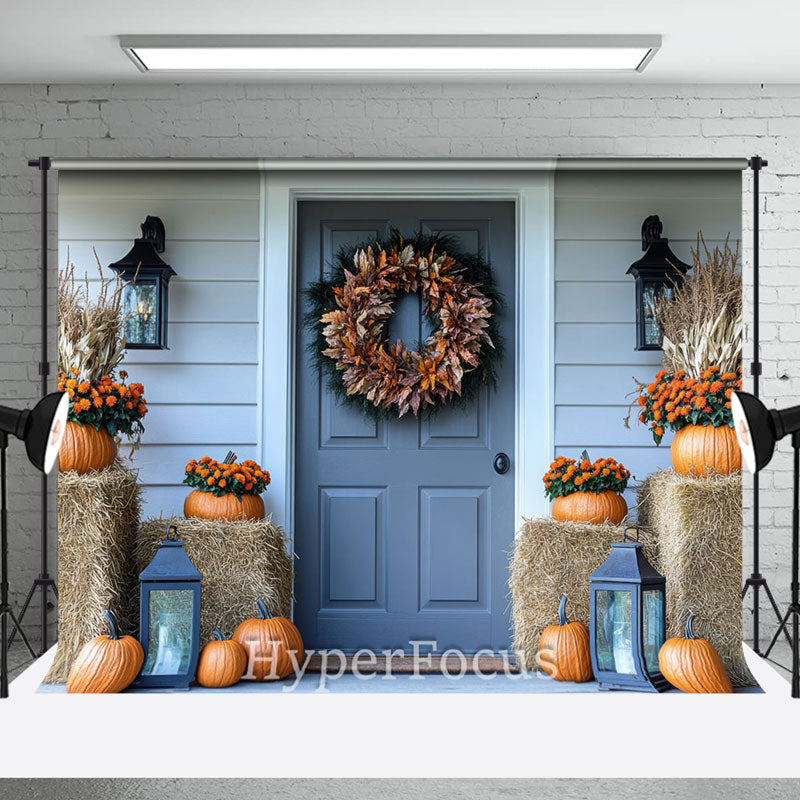 White Blue Porch Haystack Pumpkin Autumn Backdrop - Aperturee