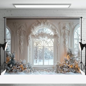 White Vintage Window Snowy Scene Christmas Backdrop - Aperturee