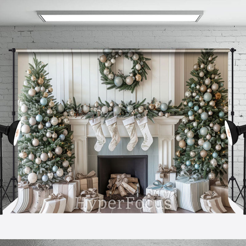 White Wall Fireplace Socks Tree Christmas Backdrop - Aperturee