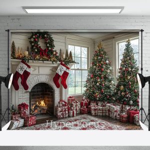 Window Retro White Room Fireplace Christmas Backdrop - Aperturee