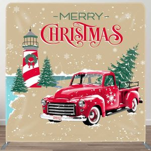 Winter Snowy Trees Red Car Merry Christmas Backdrop - Aperturee