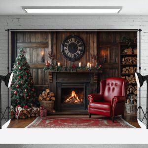 Wooden Brown Fireplace Tree Sofa Christmas Backdrop - Aperturee
