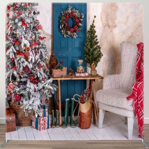 Wreath Blue Door Christmas Tree Pillow Case Backdrop - Aperturee
