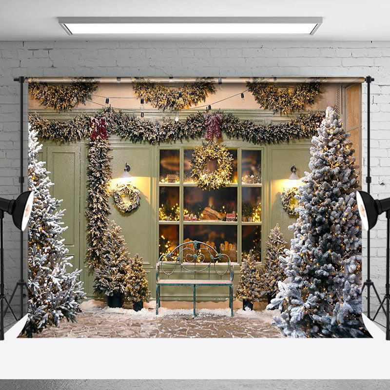 Wreath Festive Bakery Window Tree Christmas Backdrop - Aperturee