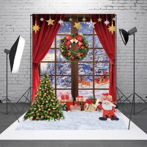 Wreath Red Curtain Snowy Outside Christmas Backdrop - Aperturee