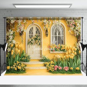 Yellow Retro Garden Cabin Floral Spring Backdrop - Aperturee