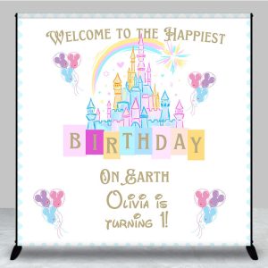 Aperturee Personalized Happiest Birthday on Earth Backdrop, Fairytale Castle First Birthday, Princess Theme Party Decor, 3x3ft (WxH)