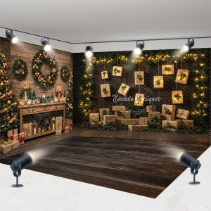 Aperturee Christmas Room Set Backdrop, Rustic Wood Wall and Floor, Xmas Tree Wreath with Hanging Gifts Photo Props