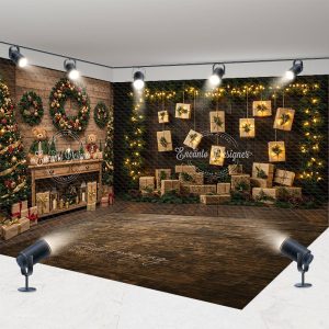Aperturee Christmas Room Set Backdrop, Rustic Wood Wall with Hanging Gifts, Holiday Lights Photo Booth Props