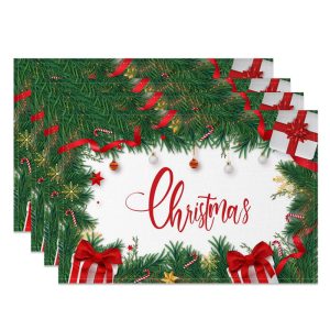 Aperturee Christmas Set of 4 Placemats, Pine Garland with Gifts, Red Ribbon Holiday Table Mats Decor