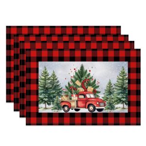 Aperturee Christmas Set of 4 Placemats, Vintage Red Truck with Gifts, Red Buffalo Plaid Border Table Mats
