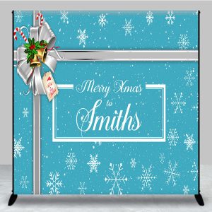 Aperturee Custom Christmas Backdrop, Blue Snowflake Gift Box Design, Silver Ribbon Jingle Bells Holiday Decor