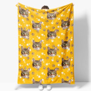 Aperturee Custom Photo Pet Blanket with Your Cat's Face, Repeating Pattern with Paws, Funny Novelty Gift for Cat Lovers