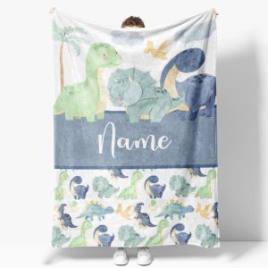 Aperturee Personalized Dinosaur Name Blanket for Boys, Cute Watercolor Dino Pattern, Custom Nursery Bedding Baby Shower Gift