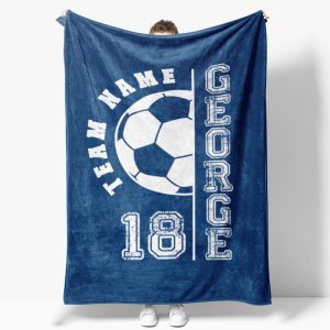 Aperturee Personalized Soccer Name Blanket, Custom Team Number Sports Gift, Blue Football Blanket for Boy Player