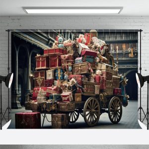 Aperturee Vintage Christmas Backdrop Antique Gift Cart Old Town Photography Background Rustic European Street Holiday Party Decoration