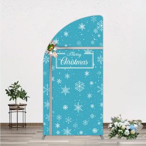 Aperturee Blue Christmas Snowflake Arch Backdrop, Silver Ribbon Gift Box Decor, High Definition Winter Holiday Background for Studio