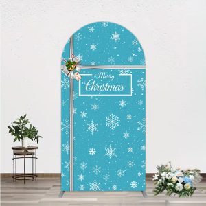 Aperturee Blue Christmas Snowflake Arch Backdrop, Silver Ribbon Gift Box Decor, High Definition Winter Holiday Background for Studio