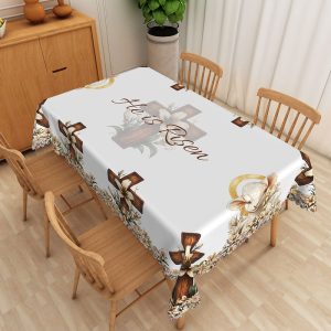 Aperturee He Is Risen Lamb of God Rectangle Tablecloth, Religious Easter Sheep Cross Table Cover, Biblical Photo Prop