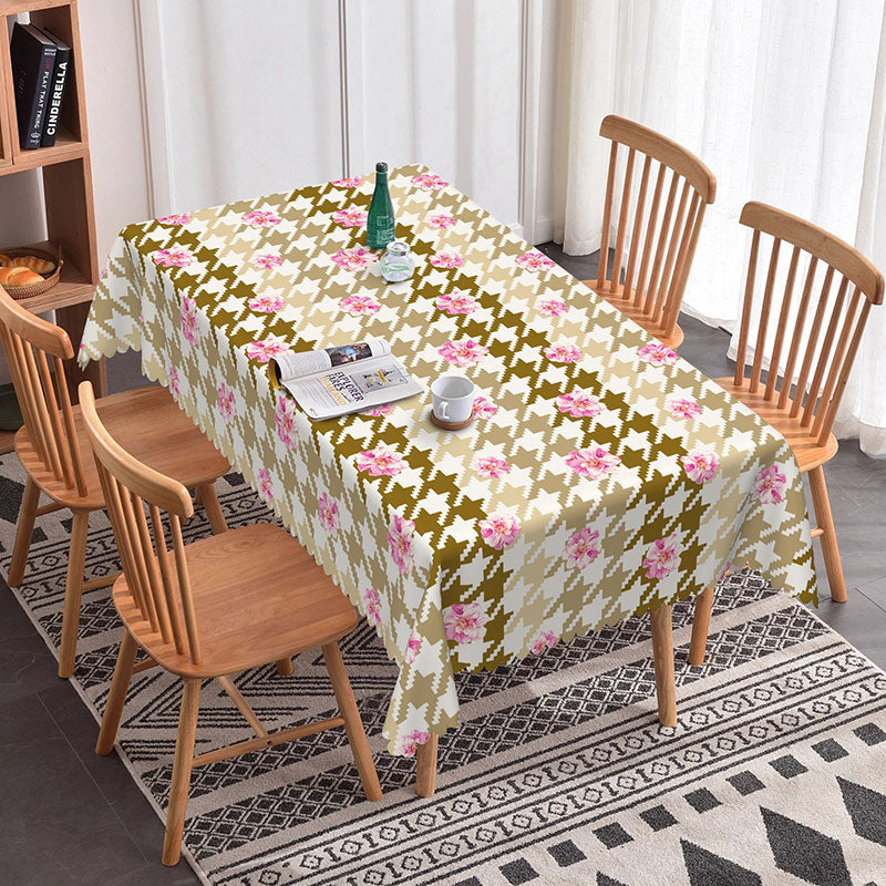 Aperturee Houndstooth Pink Floral Rectangle Tablecloth Fashion Pattern Prop
