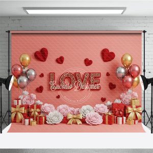 Aperturee Romantic Love Gift Box Backdrop Red 3D Text Balloons Paper Hearts Background Valentine Decoration