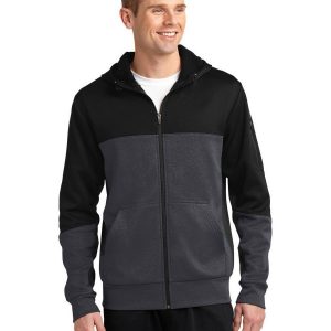 Sport-Tek ST245 Men's Tech Fleece Colorblock Full-Zip Hooded Jacket - Black/Graphite Heather/Black - 2XL