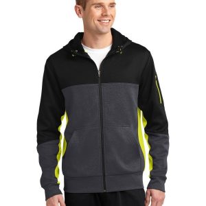 Sport-Tek ST245 Men's Tech Fleece Colorblock Full-Zip Hooded Jacket - Black/Graphite Heather/Citron - 2XL