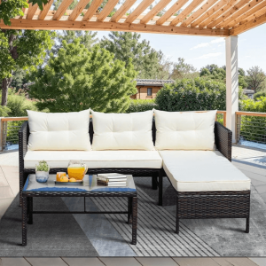 3-Piece Outdoor Patio Furniture Set - All-Weather Wicker Conversation Set with Chaise Lounge