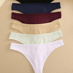 6 Pack Womens Cotton Thongs - Ribbed Low Rise G String Bikini Underwear Set