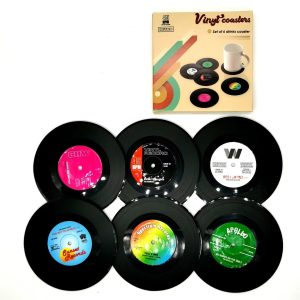 6 Piece Retro Vinyl Record Coaster Set with Storage Rack