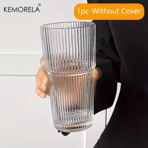 600ML Stripe Glass Coffee Cup with Lid and Straw