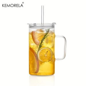 740ML Large Ribbed Glass Tumbler - High-Performance Clear Drinking Cup with Handle & Lid Set