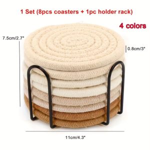 8 Piece Woven Drink Coaster Set With Holder High Temperature Resistant Absorbent Coasters