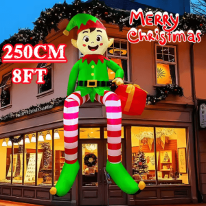 8FT Christmas Inflatable Sitting Elf with Gift Outdoor Inflatable Elf Decoration with Built In LED Lights