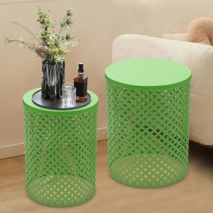 Accent Table with Modern Openwork Pattern, Green Side Table Metal Frame
