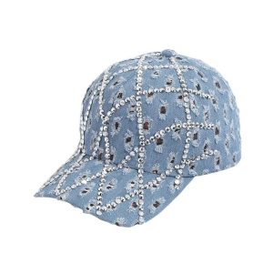 Adjustable Washed Cotton Denim Baseball Cap with Diamond Shape Bling Rhinestones, Stylish Hat for Women