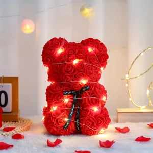 Artificial Teddy Rose Flower Bear with Box - Romantic Valentine's Day Gift for Girlfriend, Womens Anniversary