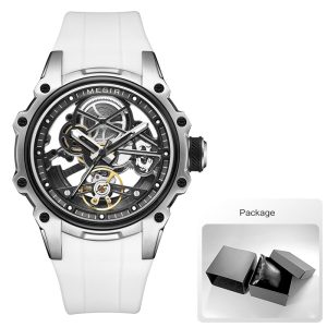 Automatic Mechanical Watch Men Skeleton Dial, Waterproof Sport Wristwatch, Stainless Steel Case, Silicone Strap