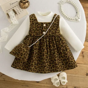 Autumn Spring Newborn Baby Girl Leopard Print Pretend Two Piece Princess Dress Long Sleeve with Ruffles