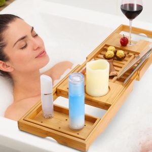 Bamboo Bath Tray, Extendable Tub Caddy, Tray Over the Tub, Bath Shelf with Wine Glass Holder, Desk Bath Holder
