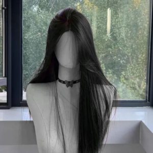 Black Synthetic Long Straight Wig Middle Part Natural Full Head Cover