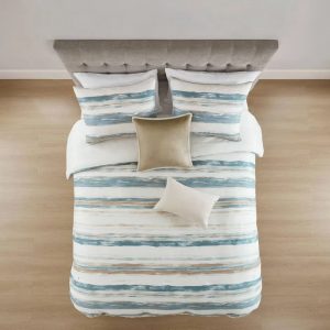 Blue Queen Watercolor Striped Bedding Set, Comforter, Shams, and Decorative Pillows for Stylish Bedroom Upgrade