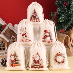 Burlap Gift Bags, Christmas Linen Drawstring, Candy Biscuits Pouchs, New Year Gift, Home Decor, Navidad Natal