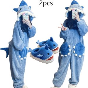 Cartoon Shark Kigurumi, Women's Hooded Sleepwear, Unicorn Pajama Jumpsuit for Winter, Cosplay Party Loungewear