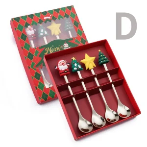 Christmas Gift Set, Gold Silver Cutlery, Spoon Fork Set, Elk Tree Decoration, Dessert Scoop, Fruit Fork, Coffee Spoon