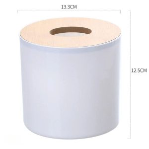 Circular Bamboo and Wood Tissue Box with Remote Control Storage for Living Room