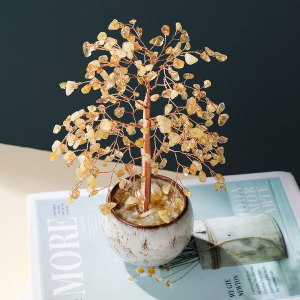 Citrine Energy Stone Money Tree with Copper Wire, Colorful Teabowl Feng Shui Tree for Home Decor & Yoga