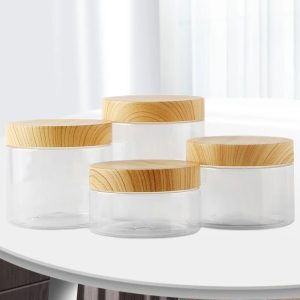 Clear Plastic Storage Jars with Wood Style Lids