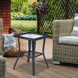 Coffee Bistro Table, Outdoor Wicker Side Table, Patio Rattan End Table with Glass Top